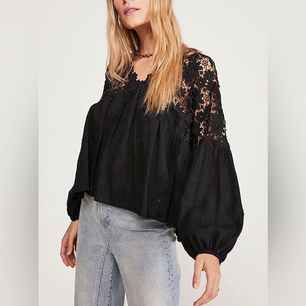 Free People Blouse Long Sleeve Black Crochet Lace Boho Peasant Cotton Size S